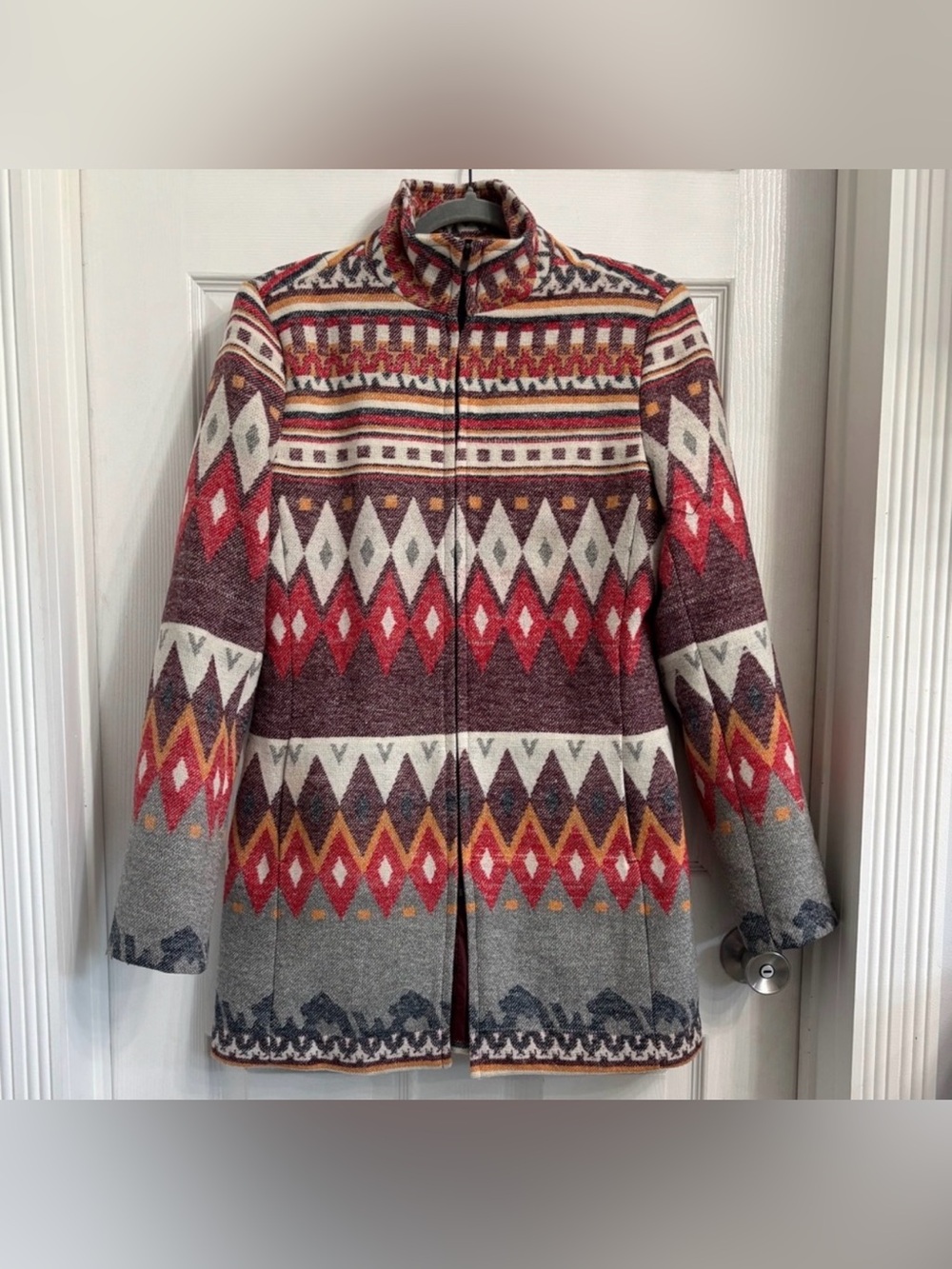 Angie Patterned Zip-Front Pea Coat in Red, Gray & Cream